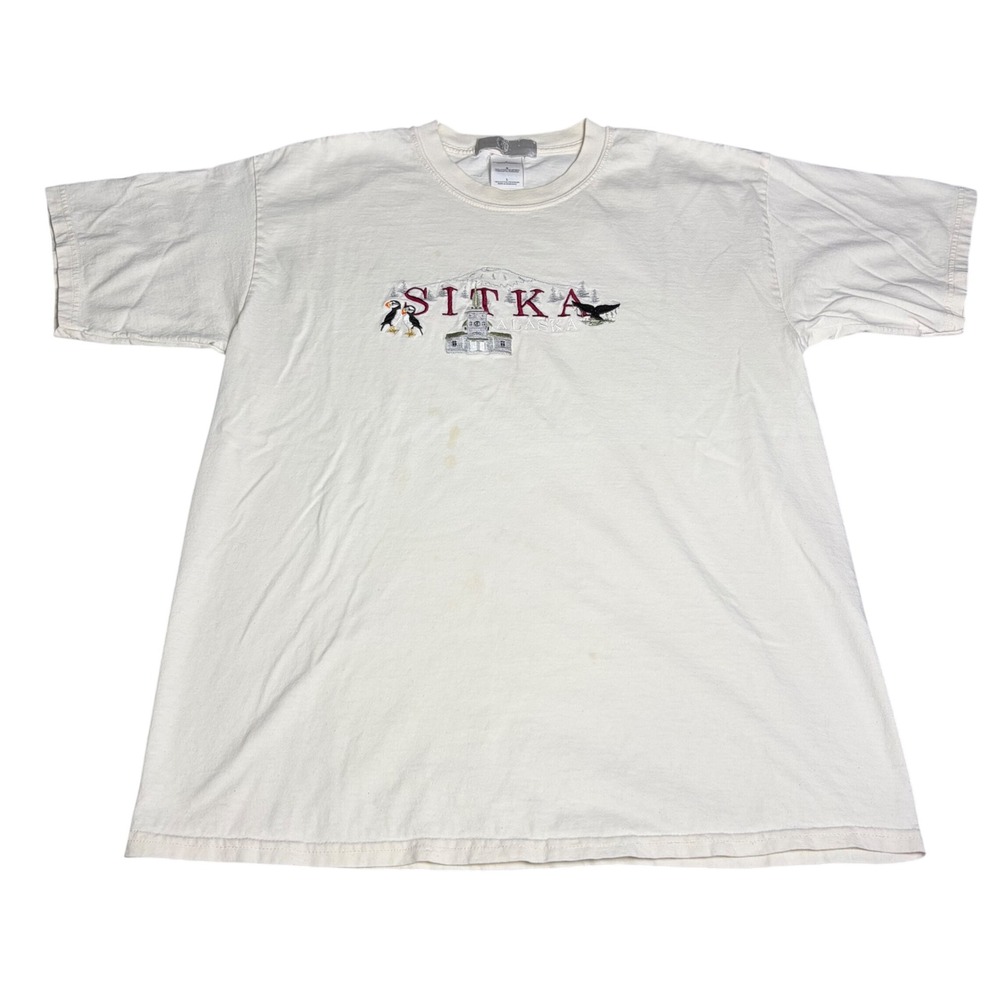 Vintage Sitka Alaska Embroidered Puffin Souvenir T-Shirt Mens Large Cream